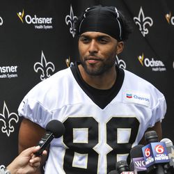 Jul 28, 2014; White Sulpher Springs, WV, USA;  New Orleans Saints wide receiver Nick Toon (88) speaks to the media following training camp at The Greenbrier. Mandatory Credit: Michael Shroyer-USA TODAY Sports