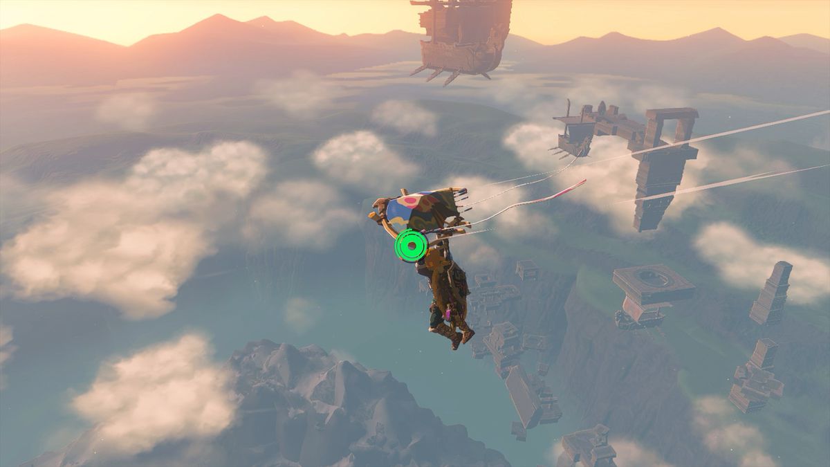 Link gliding through the sky with a paraglider that has an egg design in The Legend of Zelda: Tears of the Kingdom.