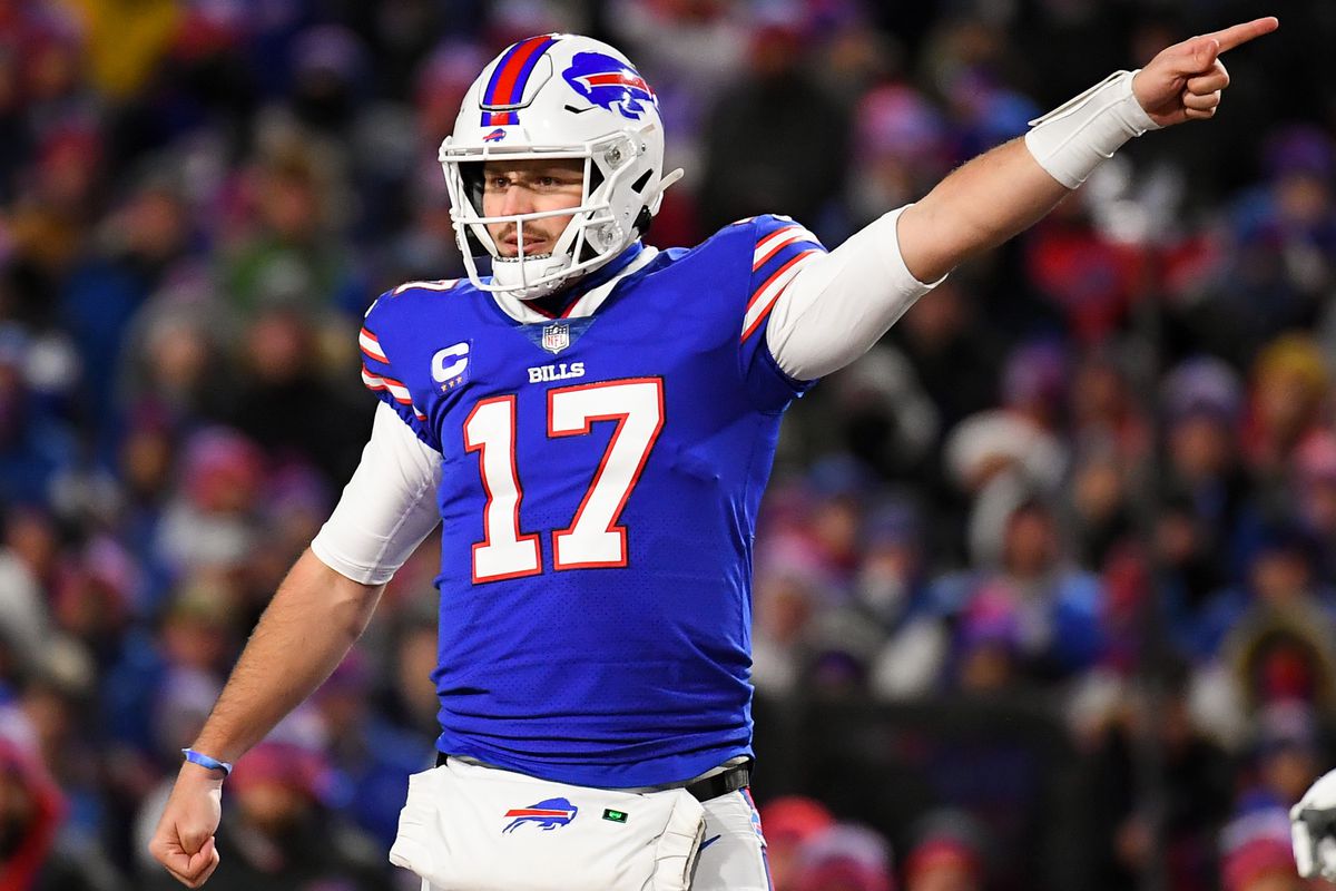 Orchard Park, New York, USA; Buffalo Bills quarterback Josh Allen (17) gestures for a first down against the New England Patriots during the first half at Highmark Stadium.&nbsp;