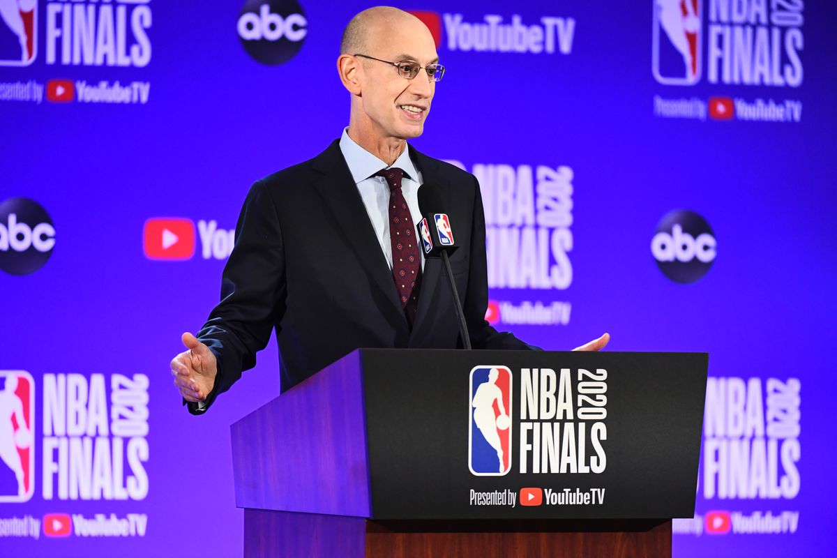 NBA Commissioner Adam Silver addresses the media prior to the game of the Miami Heat against the Los Angeles Lakers in Game one of the 2020 NBA Finals as part of the NBA Restart 2020 on September 30, 2020 at AdventHealth Arena at ESPN Wide World of Sports Complex in Orlando, Florida.