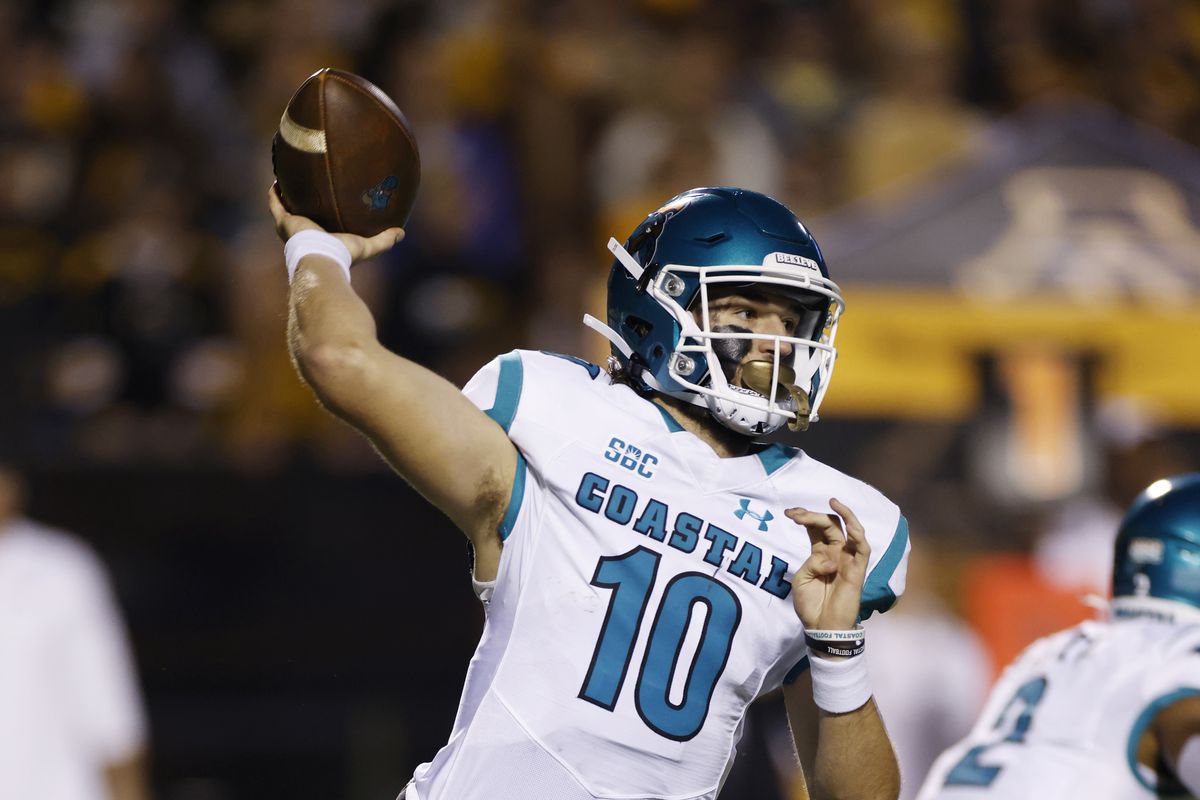 Coastal Carolina Chanticleers quarterback Grayson McCall passes the ball during a college football game against the Appalachian State Mountaineers on Oct. 20, 2021 at Kidd Brewer Stadium in Boone, North Carolina.