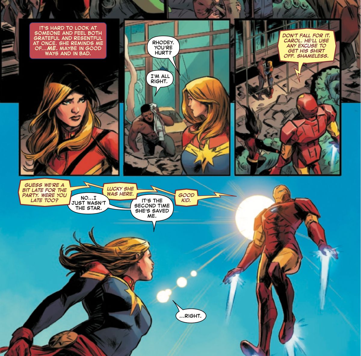 Carol Danvers/Captain Marvel, Rhodey Rhodes/War Machine, and Tony Stark/Iron Man recover from battle with a giant monster, and discuss the mysterious new superheroine on the scene in Captain Marvel #9, Marvel Comics (2019). 