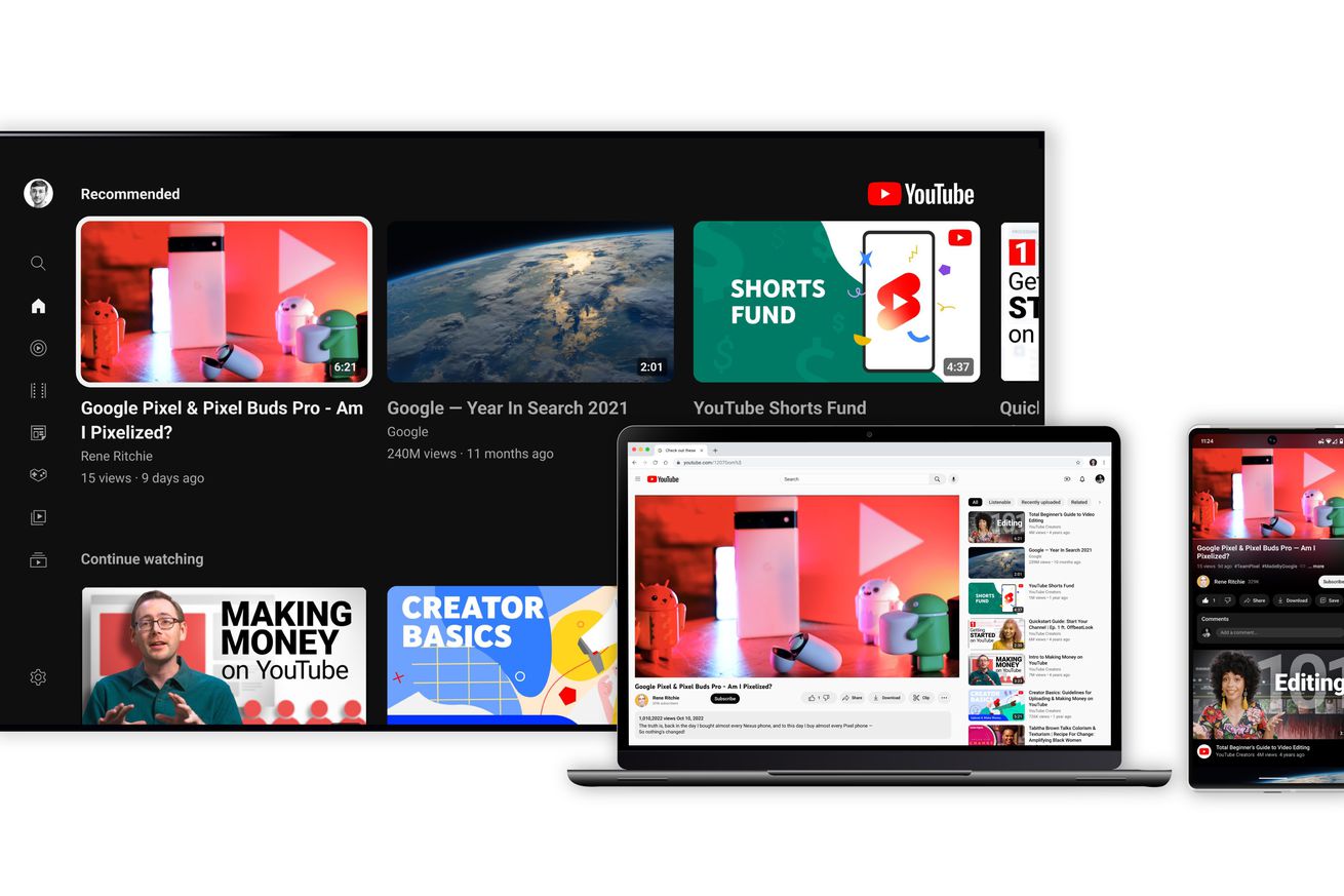 YouTube’s redesign UI shown on TV, laptop, and phone.