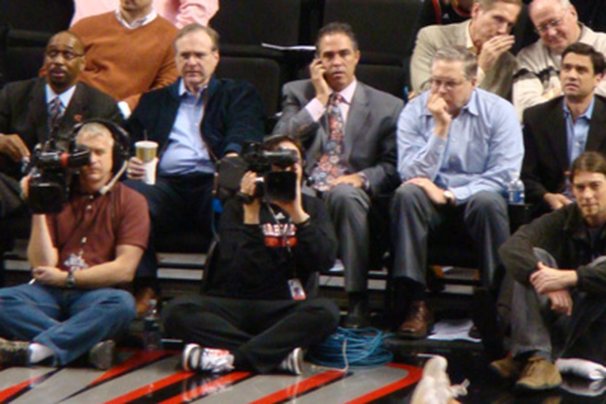 Tom Penn is seated, far right, with Blazers Owner Paul Allen, former GM Kevin Pritchard, and advisor Bert Kolde.