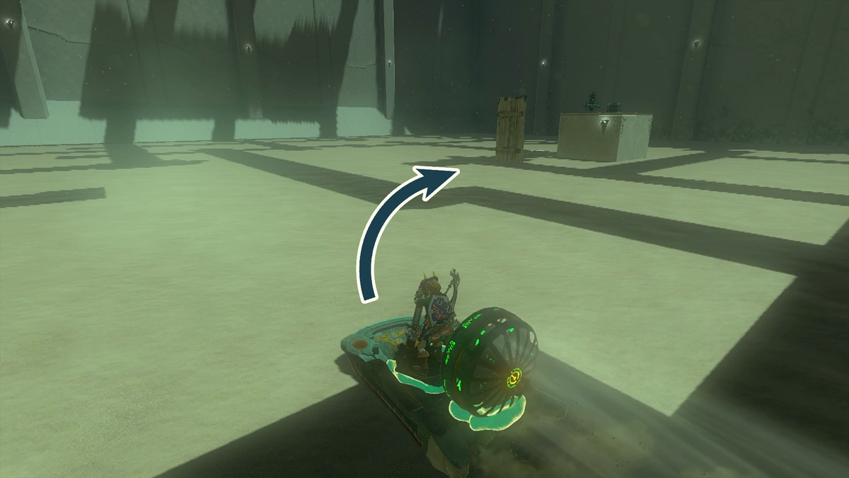Link driving an empowered Zonai sled vehicle over to a cube platform on his right in the Kudanisar Shrine in The Legend of Zelda: Tears of the Kingdom.