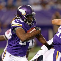Aug 9, 2013; Minneapolis, MN, USA; Minnesota Vikings wide receiver Cordarrelle Patterson (84) runs with the ball during a kickoff in the first quarter against the Houston Texans at the Metrodome. 