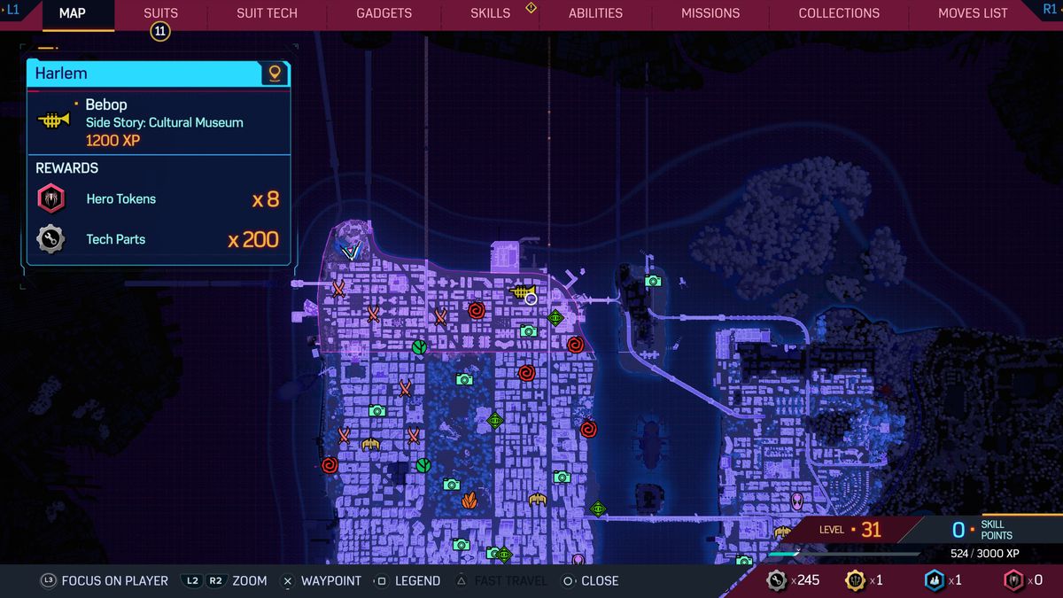 A map icon for the Cultural Museum side quest in Marvel’s Spider-Man 2 promises Hero Tokens