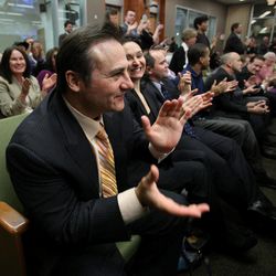 Gavin Maloof, co-owner of the Sacramento Kings, celebrates after the  Sacramento City Council approved a plan to help finance a new $391 sports and entertainment arena, in Sacramento, Calif., Tuesday, March 6, 2012.  By a 7-2 vote, the City Council approved a non-binding term sheet, signed off by the Kings and the NBA last week, that will keep the team in Sacramento for at least another 30 years. 