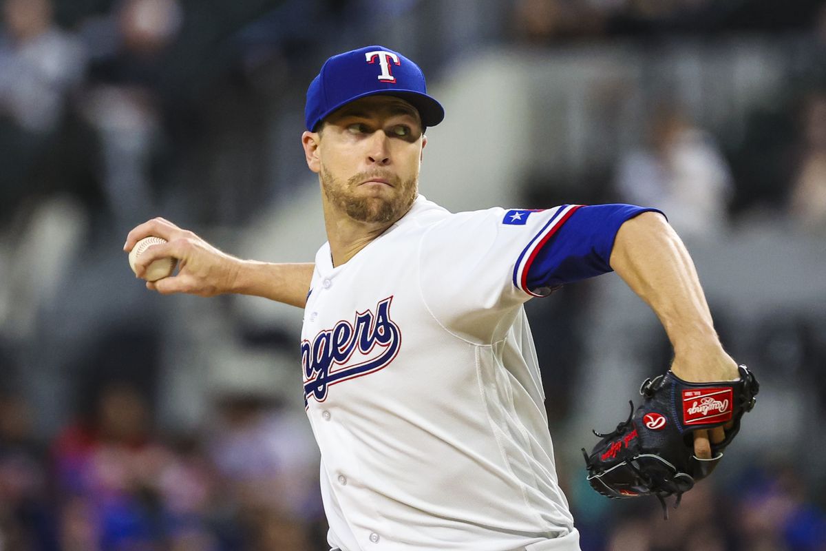 Apr 11, 2023; Arlington, Texas, USA; Texas Rangers starting pitcher Jacob deGrom (48) throws during the fourth inning against the Kansas City Royals at Globe Life Field.