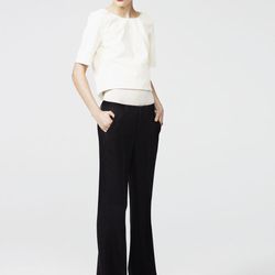 Perforated leather tee, white, $428; cowl back tee, pistachio, $288; Bennet pant, black, $120