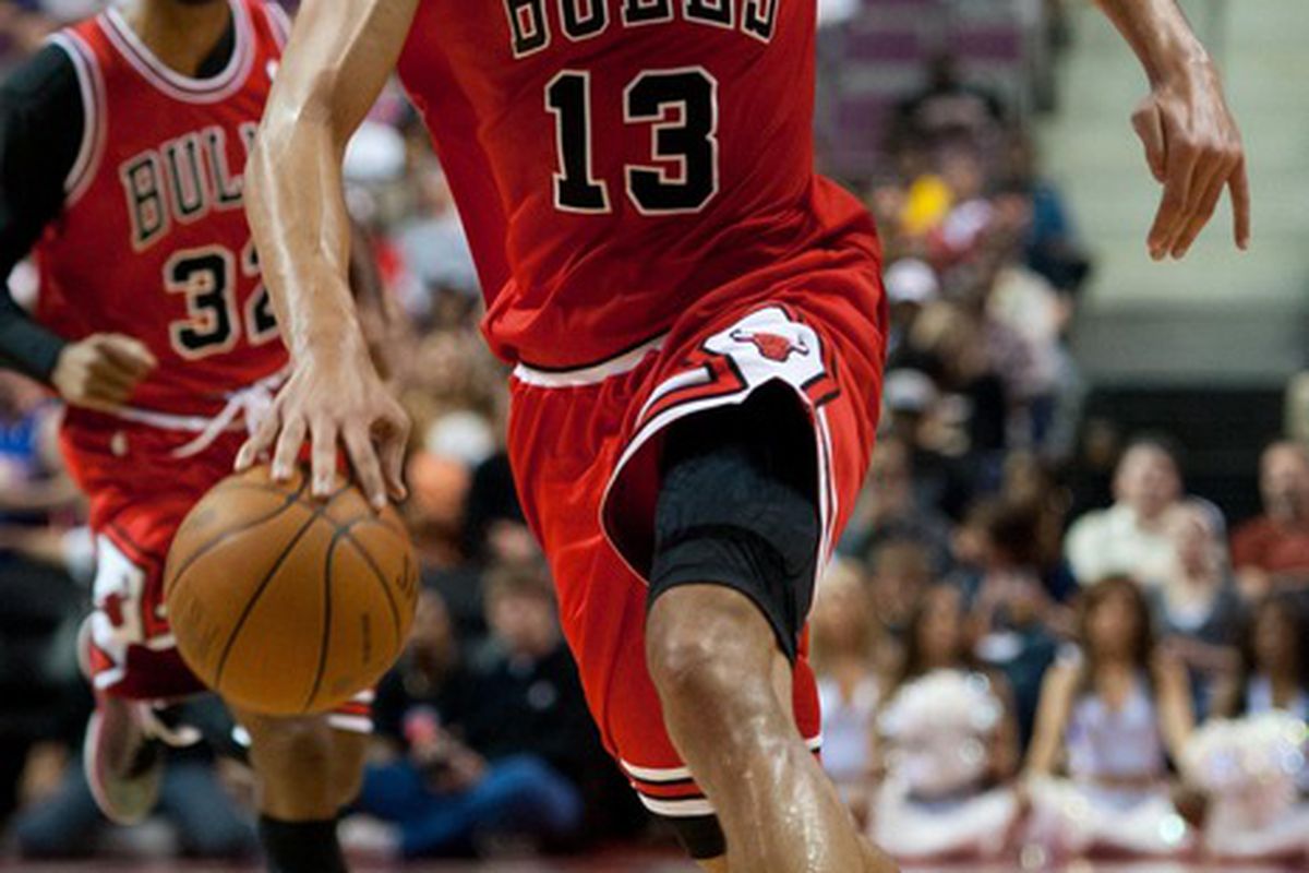 April 15, 2012; Auburn Hills, MI, USA; Chicago Bulls center Joakim Noah (13) during the first quarter against the Detroit Pistons at The Palace. Mandatory Credit: Tim Fuller-US PRESSWIRE