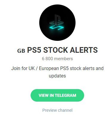 A screenshot of the PS5 Stock Alerts Telegram channel