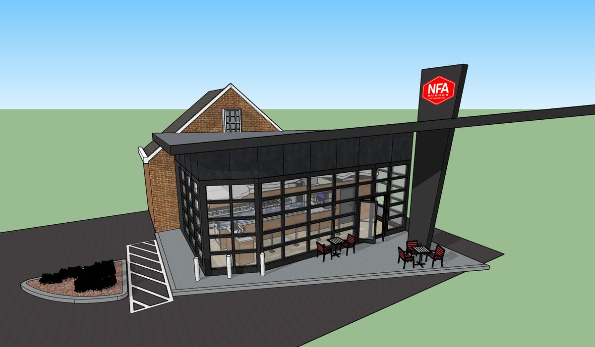Rendering of the new location for NFA Burger in Dunwoody, GA with floor to ceiling windows and a bat-winged roof overhang out front displaying a red and white NFA Burger sign that also acts as cover for the patio below. 