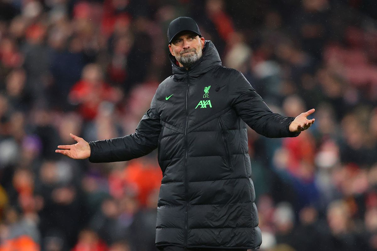 Jürgen Klopp the manager of Liverpool celebrates towards their support afterthe Carabao Cup Quarter Final match between Liverpool and West Ham United at Anfield on December 20, 2023 in Liverpool, England.