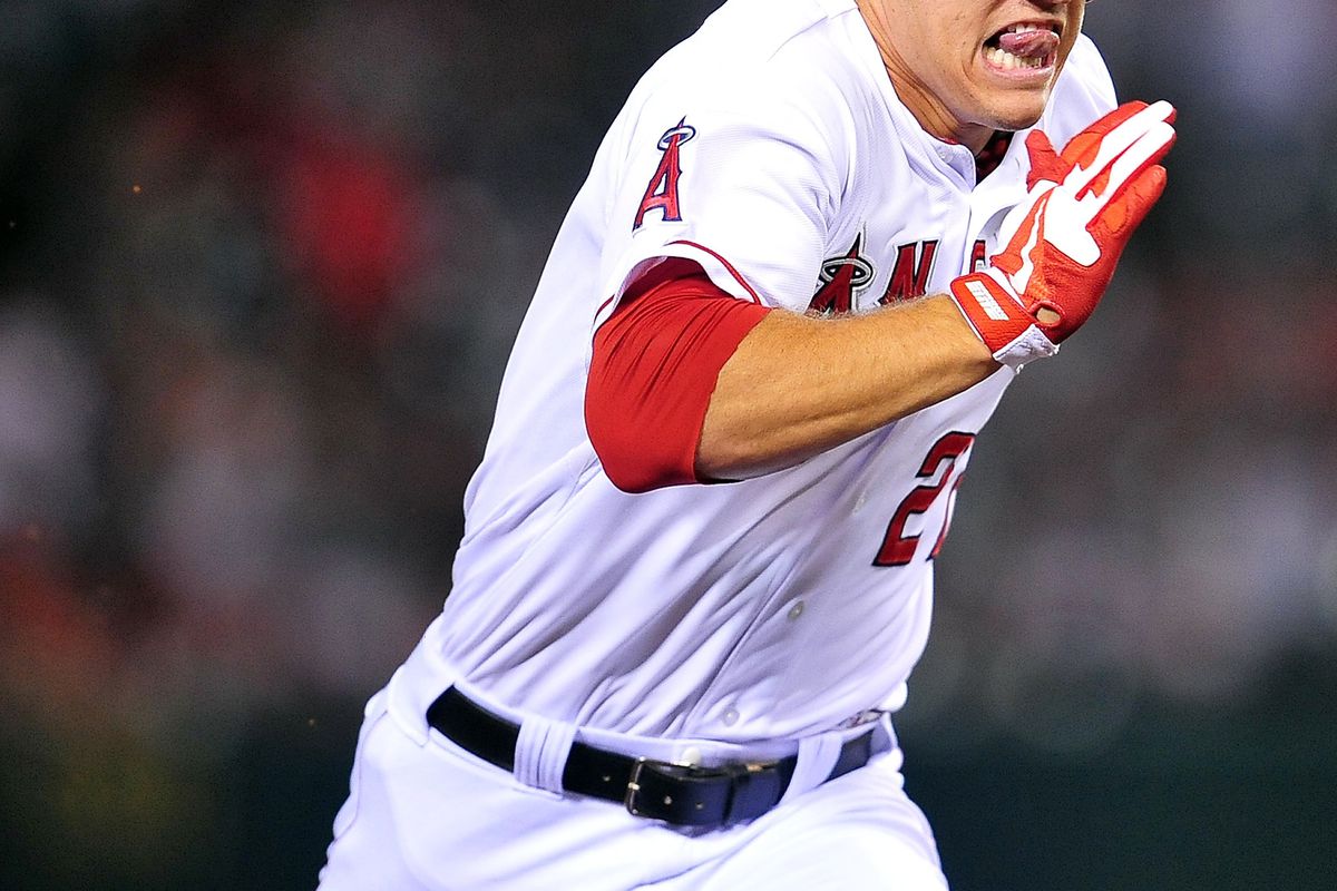 September 21, 2012; Anaheim, CA, USA; Los Angeles Angels center fielder Mike Trout (27) advances to third in the fourth inning against the Chicago White Sox at Angel Stadium. Mandatory Credit: Gary A. Vasquez-US PRESSWIRE