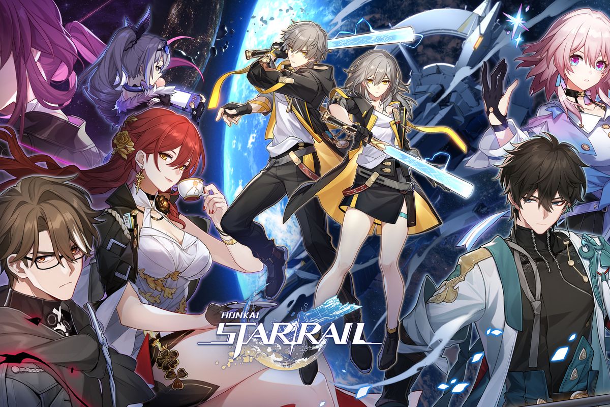 Key art for Honkai: Star Rail. The illustration shows several characters arranged on a poster. They’re drawn in an anime-esque style.