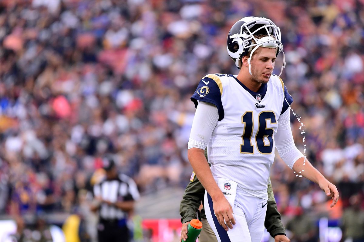 Los Angeles Rams QB Jared Goff heads to the sideline during a timeout against the Houston Texans in Week 10, November 12, 2017.