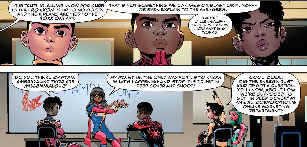 Ms. Marvel explains her plan to the rest of the Champions — Roxxon’s social media app is bad and it’s “Not something we can web or blast or punch — or even explain to the Avengers. They’re millennials — they don’t know how anything works,” in Champions #7, Marvel Comics (2021). 