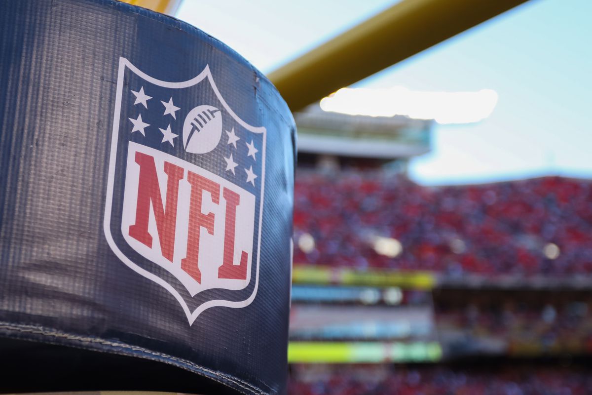 A view of the NFL log before a football game between the Dallas Cowboys and Kansas City Chiefs on Nov 21, 2021 at GEHA Field at Arrowhead Stadium in Kansas City, MO.