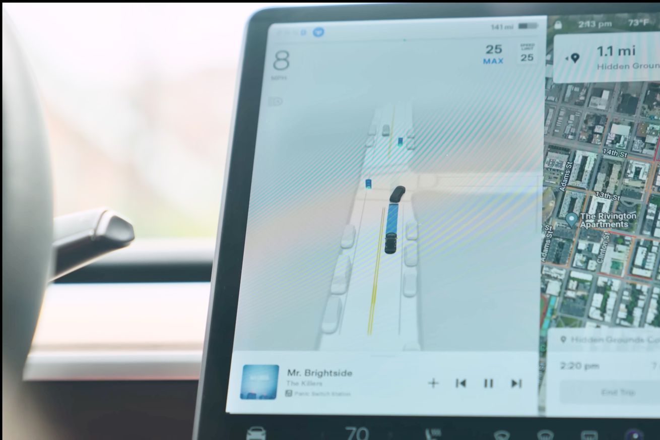 left side of Tesla model 3 main screen showing a computer generated image of an intersection with cars parked on the sides and the model 3 following another car