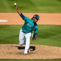 Prelander Berroa #84 of the Seattle Mariners pitches during a Spring Training exhibition game against Team Canada at Peoria Stadium on March 09, 2023 in Peoria, Arizona.