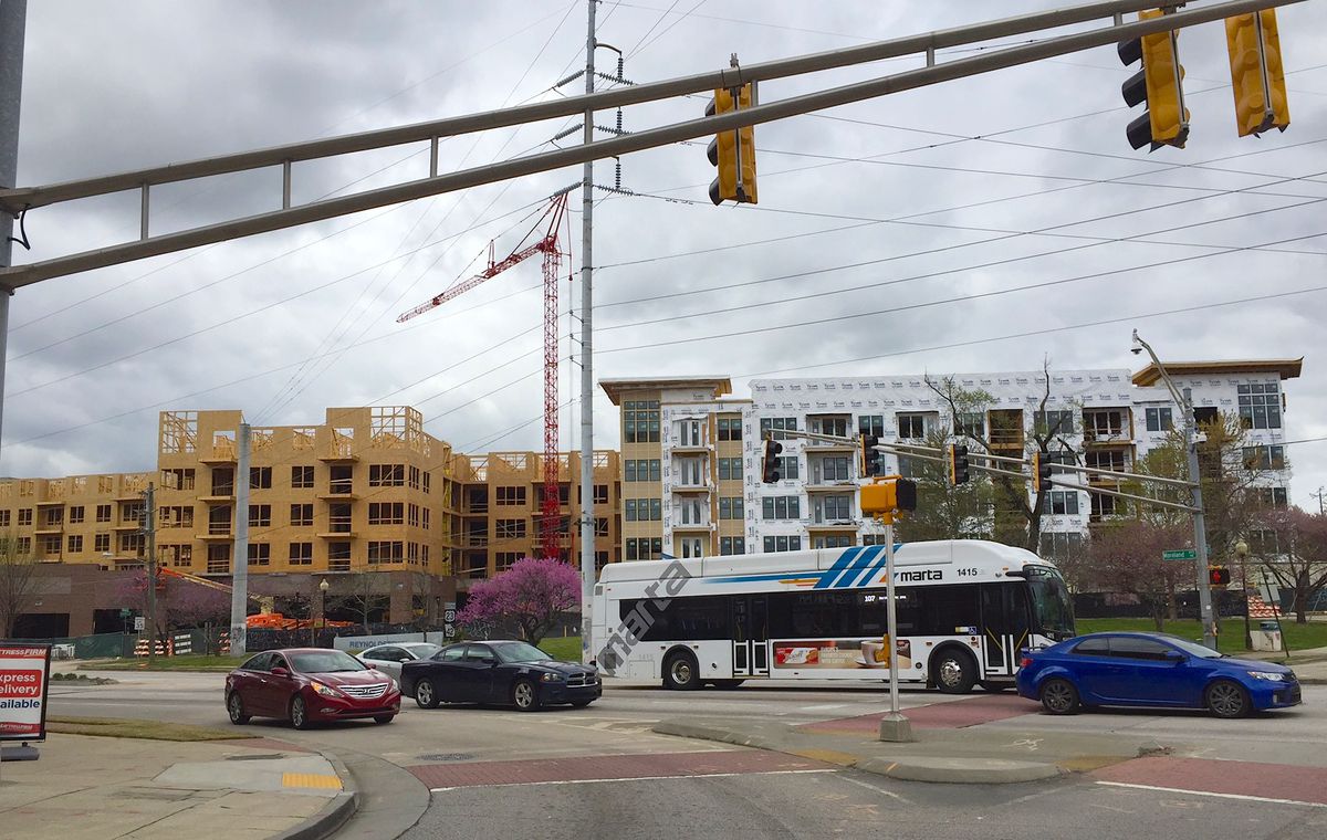 Reynoldstown's mixed-use Station R project is forming the western wall of a Moreland Avenue commercial canyon south of Little Five Points. Expect 285 apartments and 16,000 square feet of street retail here. 