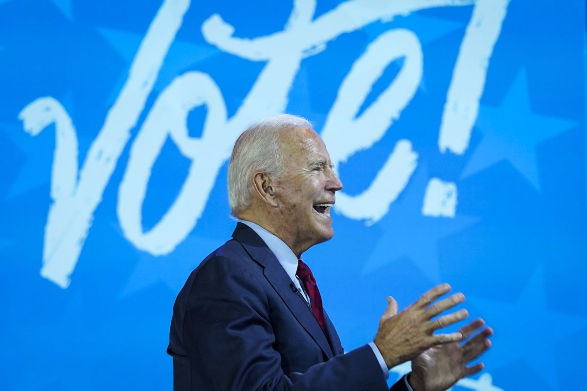 Democratic presidential nominee Joe Biden speaks during a virtual town hall event with Oprah Winfrey at The Queen theater on October 28, 2020 in Wilmington, Delaware.