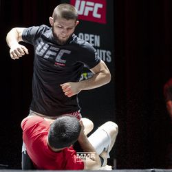 Khabib Nurmagomedov shows off his ground game at UFC 229 workouts.