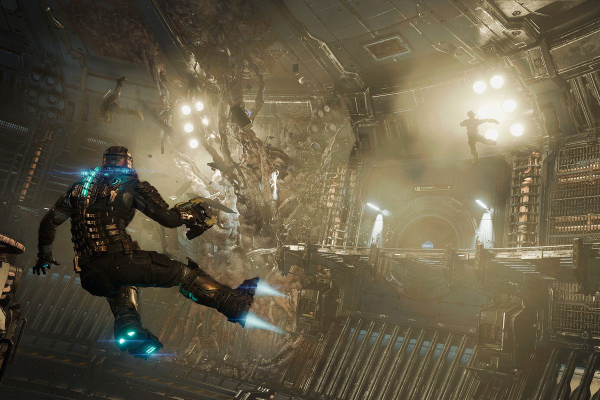 Dead Space (2023) - Isaac Clarke propels himself through the vacuum of space using his thrusters, staring at a mass of biological matter growing through the hull of the USG Ishimura.