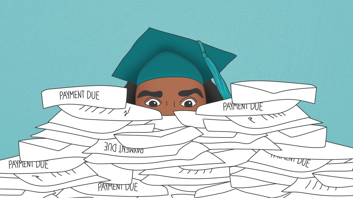 Illustration of a student wearing a graduation cap drowning in an overwhelming pile of bills and envelopes.