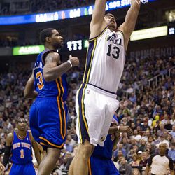 Utah's Mehmet Okur finds a dunk as the Utah Jazz host the New York Knicks at Energy Solutions Arena in Salt Lake City on  Wednesday, Jan. 12, 2011.  Mike Terry, Deseret News