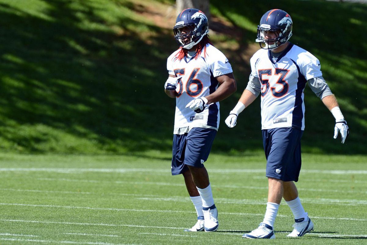 May 21, 2012; Englewood, CO, USA; Denver Broncos middle linebacker Nate Irving (56) and linebacker Mike Mohamed (53) during organized team activities at the Broncos training facility. Mandatory Credit: Ron Chenoy-US PRESSWIRE