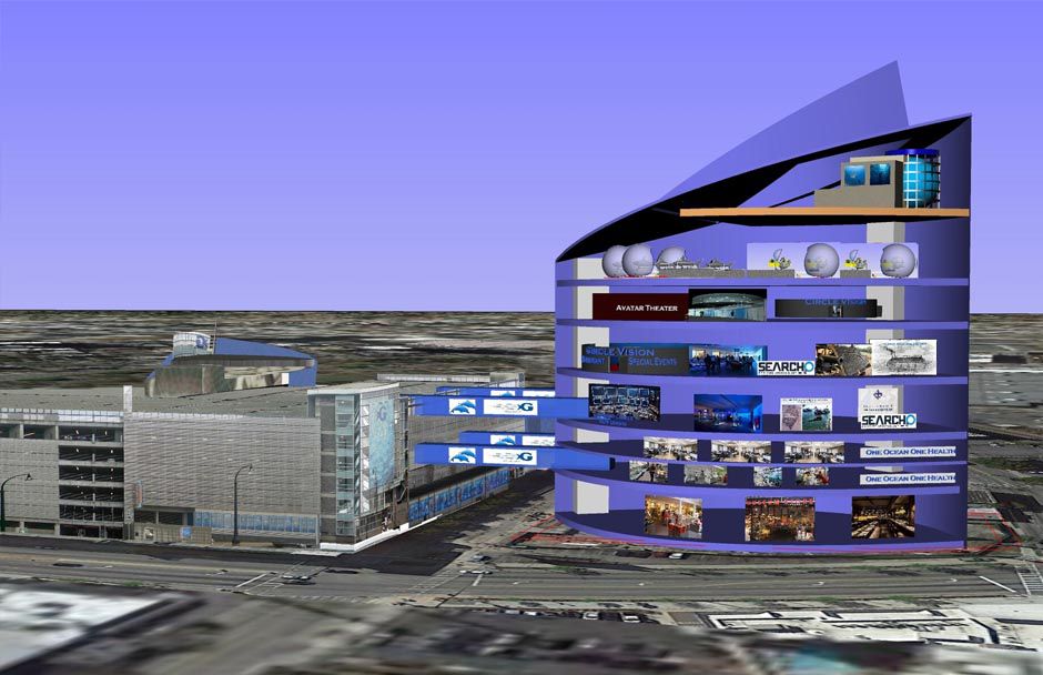 A rendering of One Ocean Place in Atlanta. The building is blue with a sloped roof. It is connected by bridges to the Georgia Aquarium.