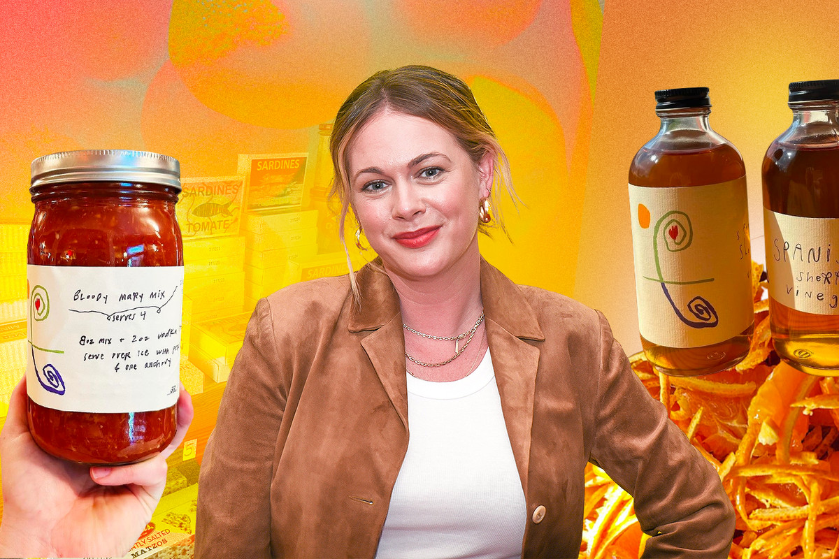 Alison Roman in a collage superimposed next to a jar of bloody Mary mix and vinegars.