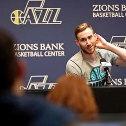 Utah Jazz forward Gordon Hayward (20) talks to the media during the end of season press conference at the Zions Bank Basketball Center in Salt Lake City on Tuesday, May 9, 2017.