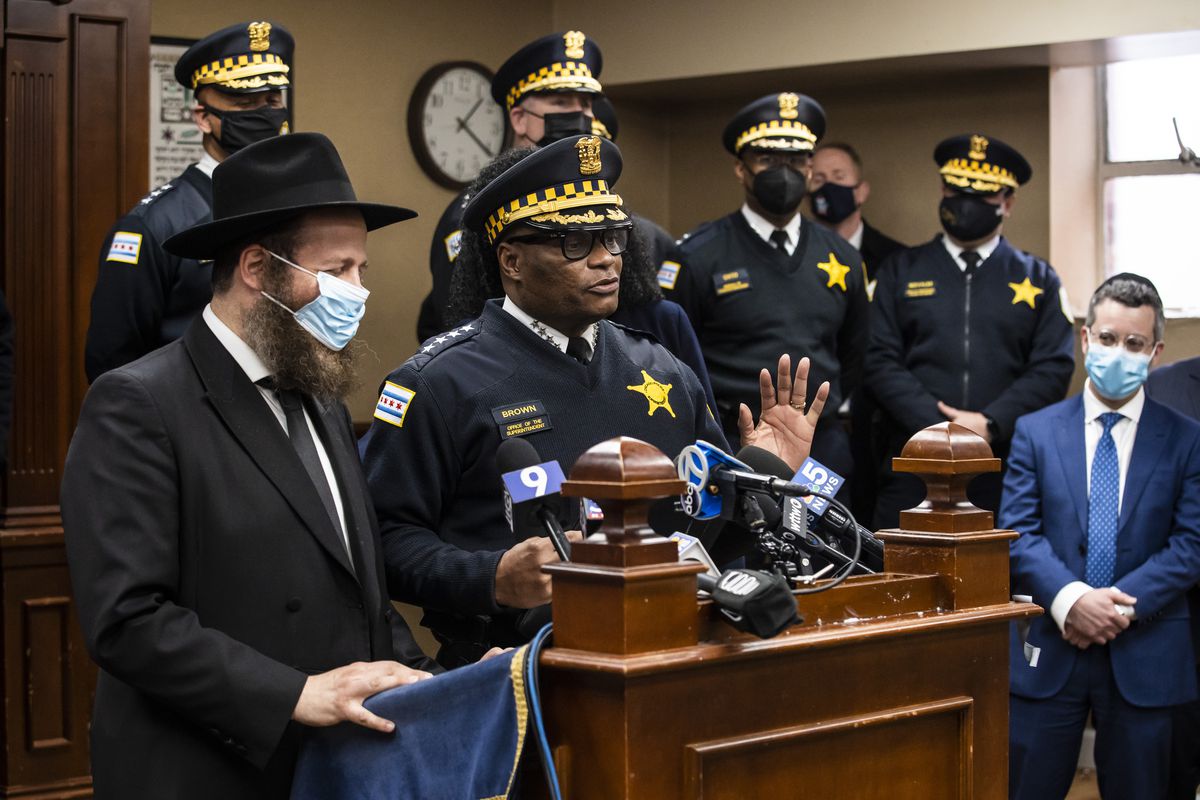 Chicago Police Supt. David Brown speaks during a press conference at Congregation B’nei Ruven, 6350 N. Whipple St. in West Rogers Park, about hate crime charges filed against a man accused of spray-painting yellow swastikas on a synagogue and on the grounds of a Jewish high school on the North Side, Tuesday afternoon, Feb. 1, 2022.