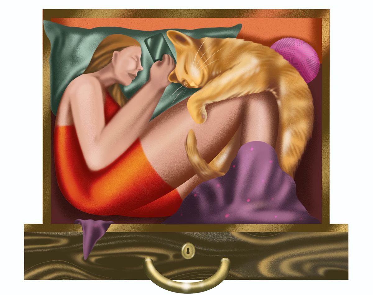 An illustration shows a woman sleeping, curled up with a cat in tight quarters.