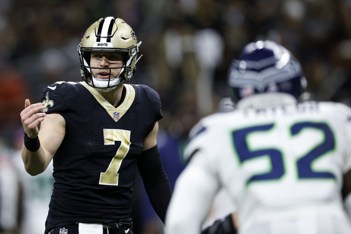 Taysom Hill #7 of the New Orleans Saints reacts after a touchdown against the Seattle Seahawks at Caesars Superdome on October 09, 2022 in New Orleans, Louisiana.