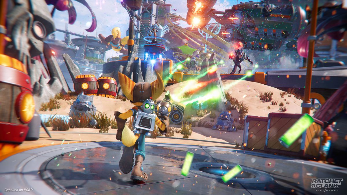 Ratchet fires his Burst Pistol at enemies in a screenshot from Ratchet &amp; Clank: Rift Apart