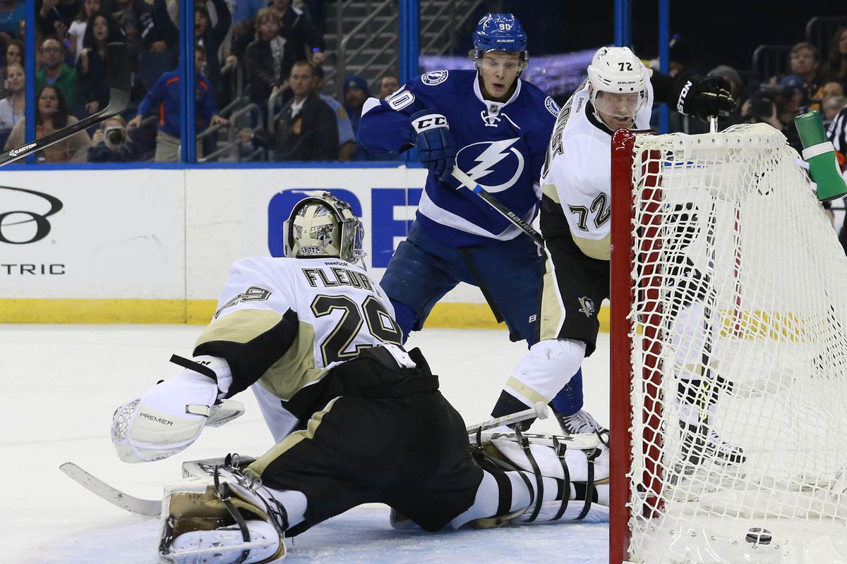 Tampa Bay's Vladimir Namestnikov scores the game winner in overtime, his third goal of the night, in the Lightning's 5-4 win over Pittsburgh Friday night.