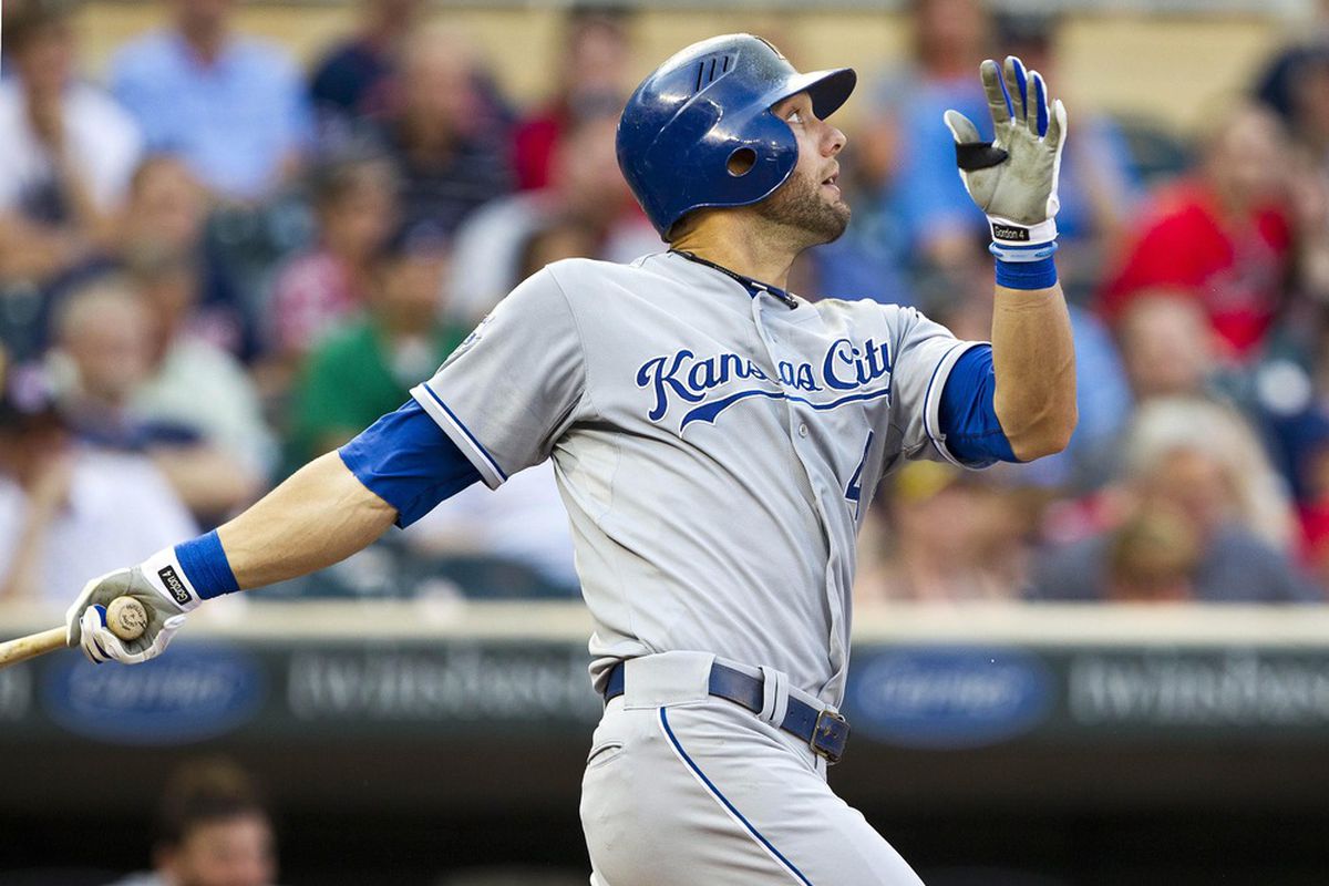June 29, 2012; Minneapolis, MN, USA: Kansas City Royals left fielder Alex Gordon hits a double in the first inning against the Minnesota Twins at Target Field. Mandatory Credit: Jesse Johnson-US PRESSWIRE