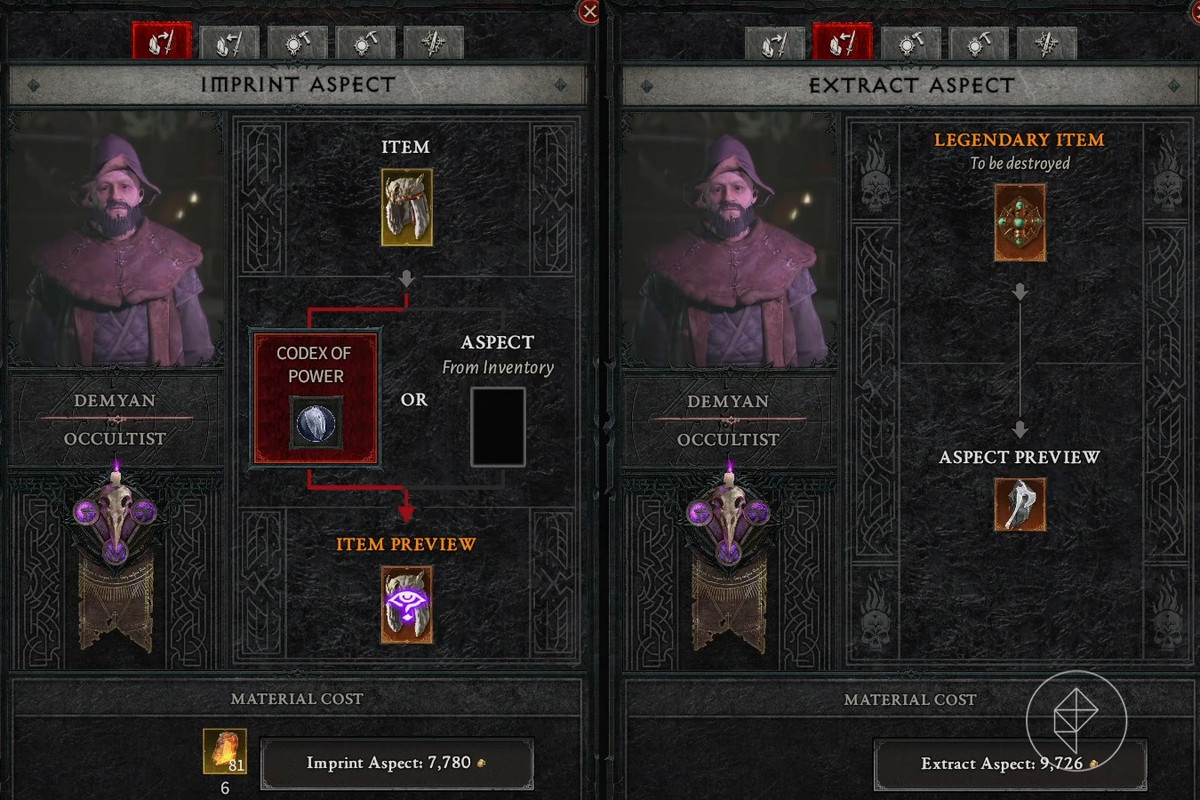 Imprint and extract menus with the occultist Demyan in Diablo 4 / IV.