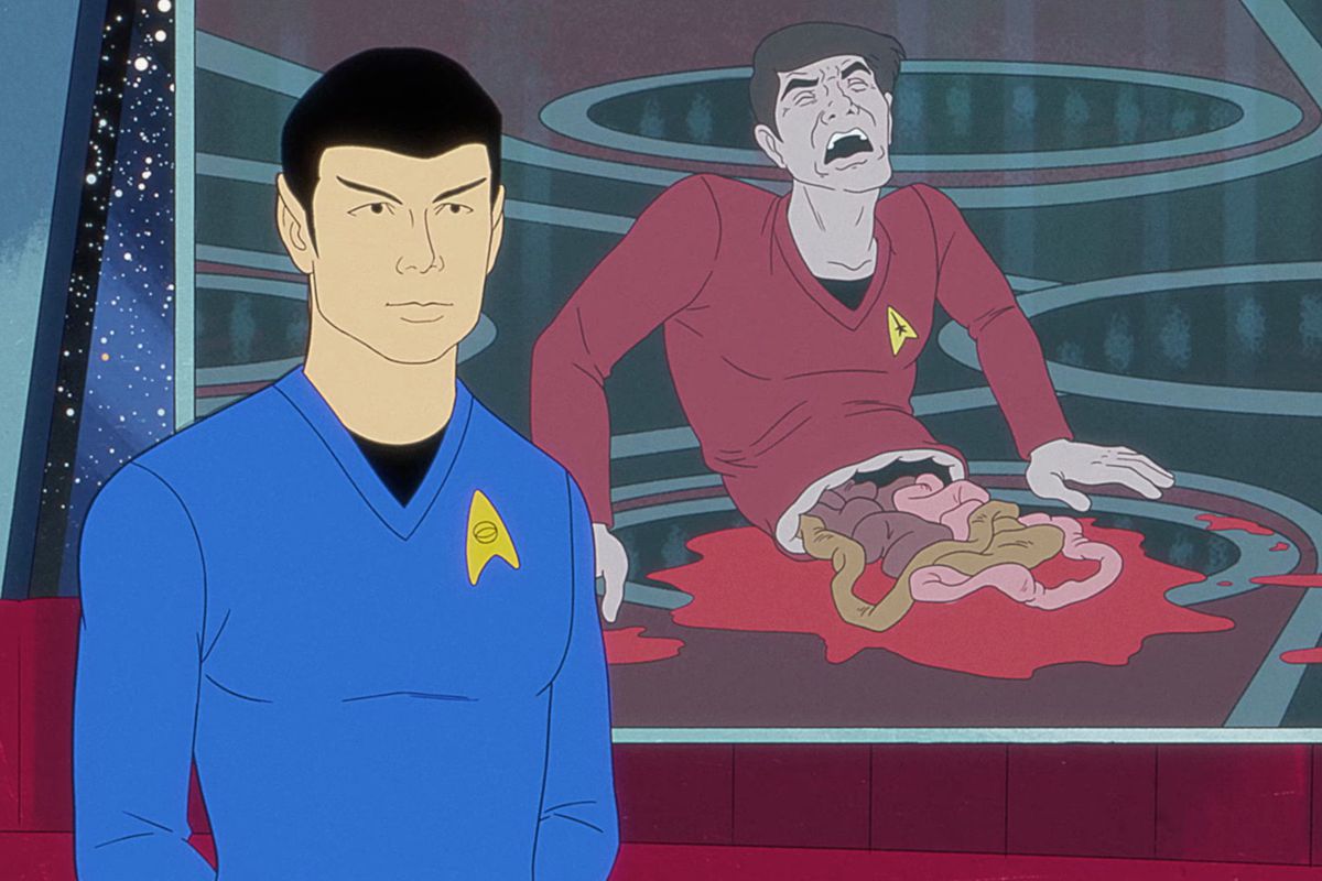 Spock standing in front of a screen displaying a transporter accident that left a red shirt’s guts spilling out in Star Trek: very Short Treks