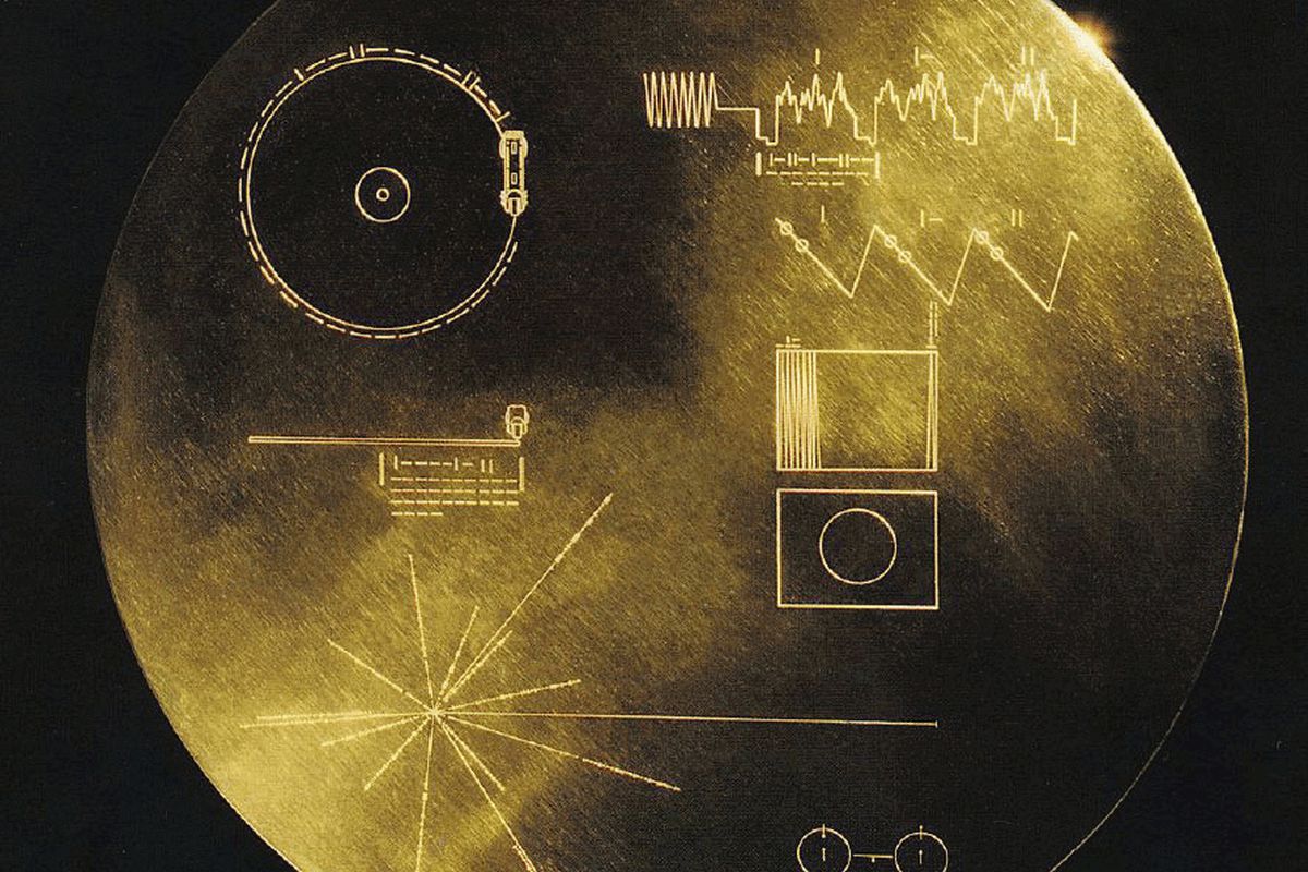 This undated image provided by NASA shows the cover of the 12-inch gold-plated copper disk that both Voyager spacecraft carry. The phonograph record contains sounds and images selected to portray the diversity of life and culture on Earth.