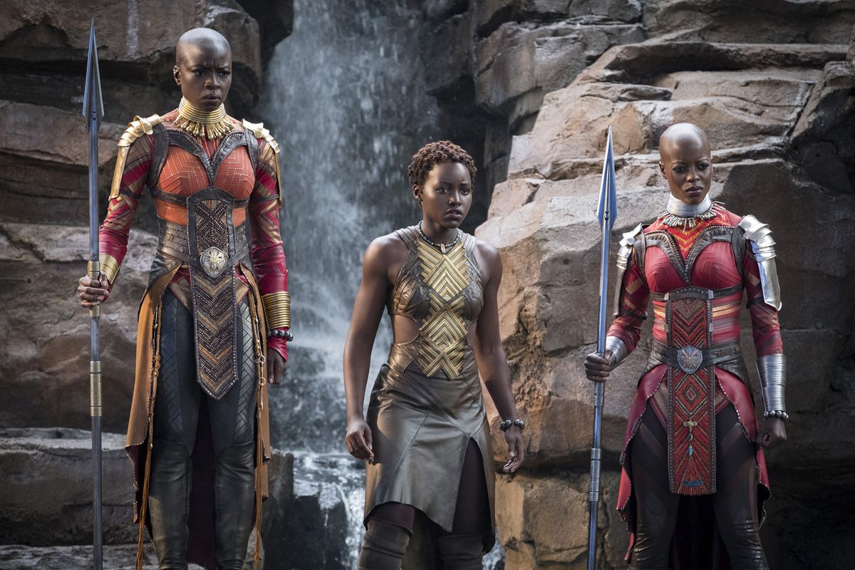 Nakia (Lupita Nyong’o) is flanked by Okoye (Danai Gurira) and Ayo (Florence Kasumba), two members of Wakanda’s Dora Milaje.