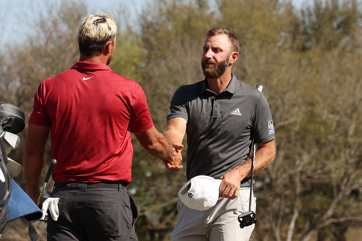 Dustin Johnson of the United States shakes hands with Brooks Koepka of the United States on the 18th green after defeating him 2 up in their quarterfinal match on the fourth day of the World Golf Championships-Dell Technologies Match Play at Austin Country Club on March 26, 2022 in Austin, Texas.