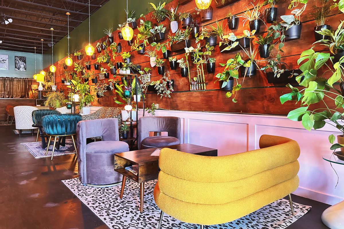 A plant wall, plus yellow, blue, and purple couches. 