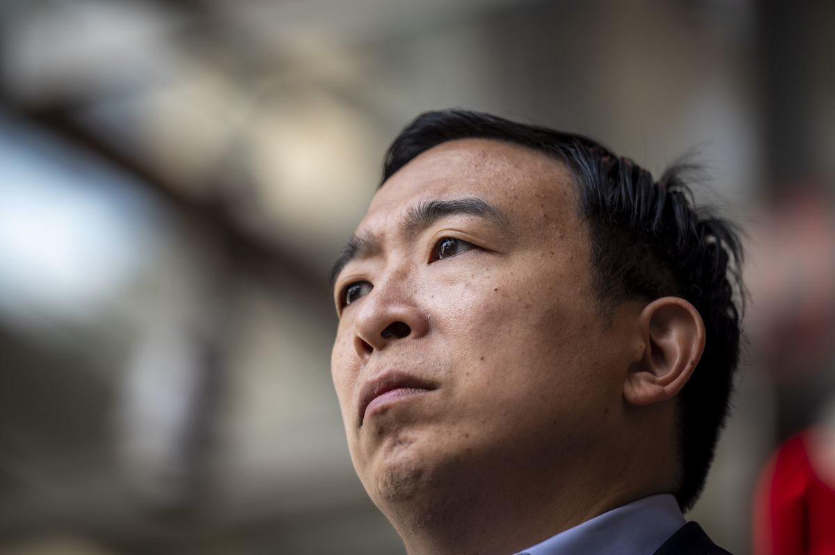 Mayoral hopeful Andrew Yang received an endorsement from Jonathan and Andrew Schnipper, owners of the Schnipper’s restaurant chain, outside of their 41st Street location.