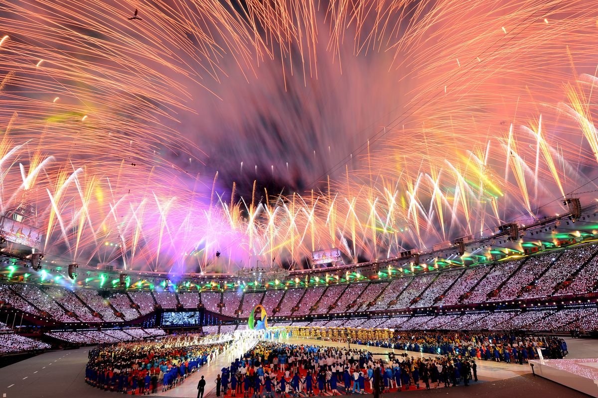 LONDON, ENGLAND - AUGUST 12:  Fireworks explode over the stadium during the Closing Ceremony on Day 16 of the London 2012 Olympic Games at Olympic Stadium on August 12, 2012 in London, England.  (Photo by Mike Hewitt/Getty Images)  *** BESTPIX ***