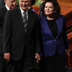Elder Russell M. Nelson and his wife Wendy Watson Nelson leave the morning session of the 183rd Annual General Conference of The Church of Jesus Christ of Latter-day Saints in the Conference Center in Salt Lake City on Sunday, April 7, 2013.